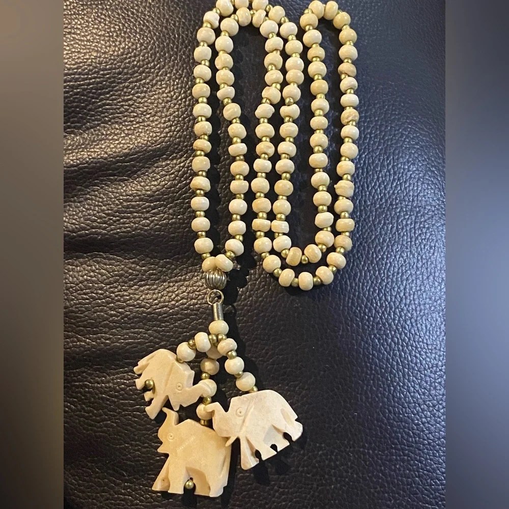 Vintage Carved Bone Cream Beaded Necklace with 3 Elephant Pendants Good Luck
